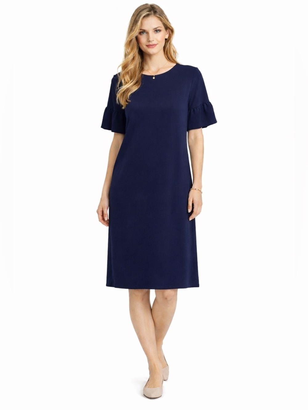 Les Amis Shift Dress Navy Short Ruffle Sleeves Minimalist Size L Fits like a M